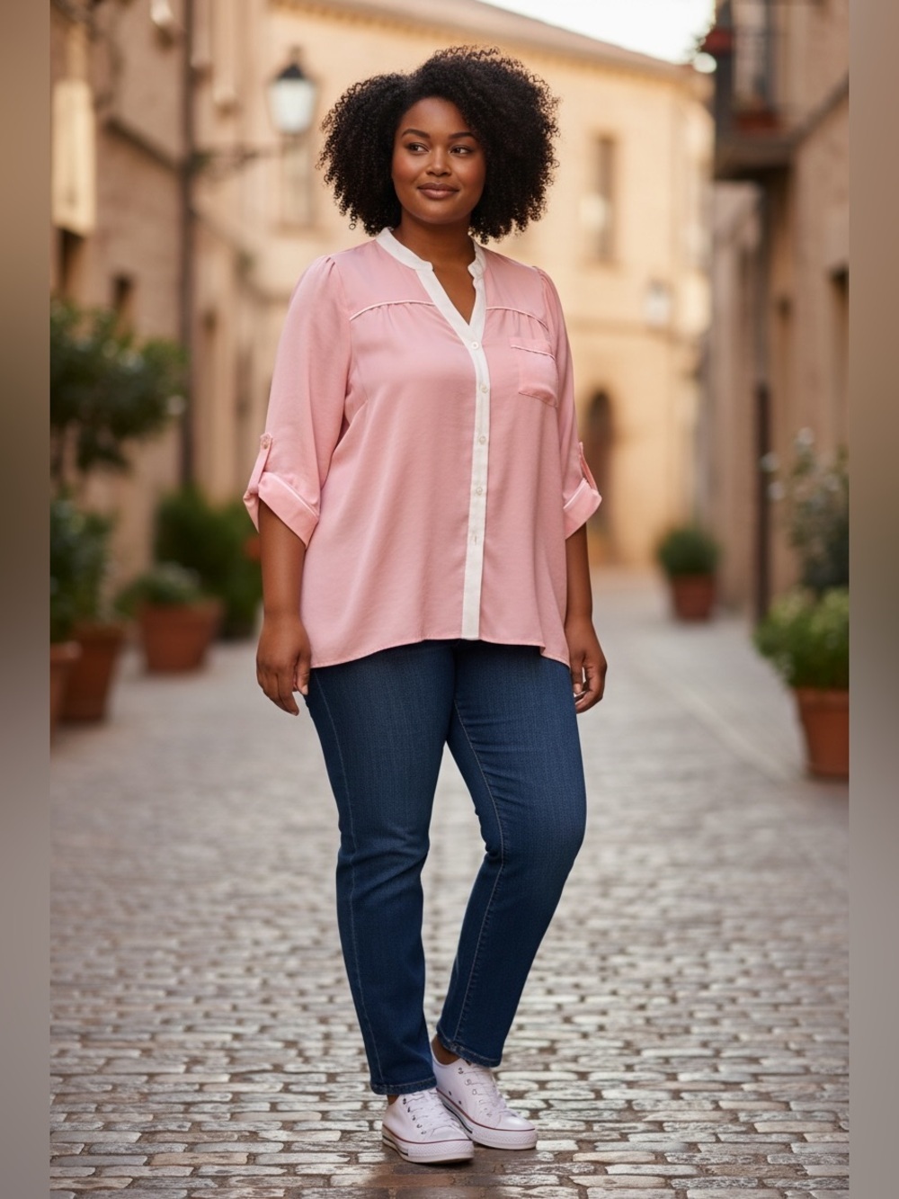 Forever 21+ Pretty Pink Button Up Blouse-V Neck-Size 1X-Front Pocket-Tab Sleeves